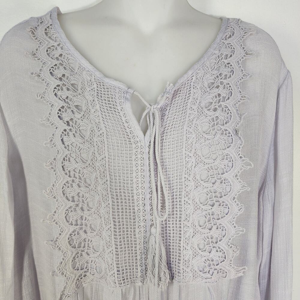 Cal Style Top Women XL Bo Crochet Yoke Tie Front Tunic Tassel Lightweight Purple - Picture 5 of 11